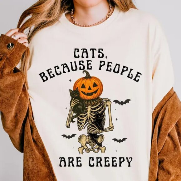 Halloween Graphic T-shirt, Cats And Skeleton, Unisex Tee for Fall, Spooky Season - Picture 1 of 4
